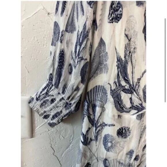 EUC AllSaints Ari Oceano Seashell Print Chiffon Wrap Dress Size 6 Blue & White - Picture 2 of 8